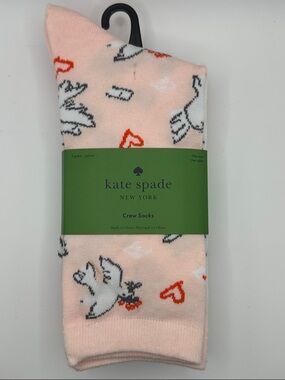 kate spade pale pink crew socks with dove and red heart accents